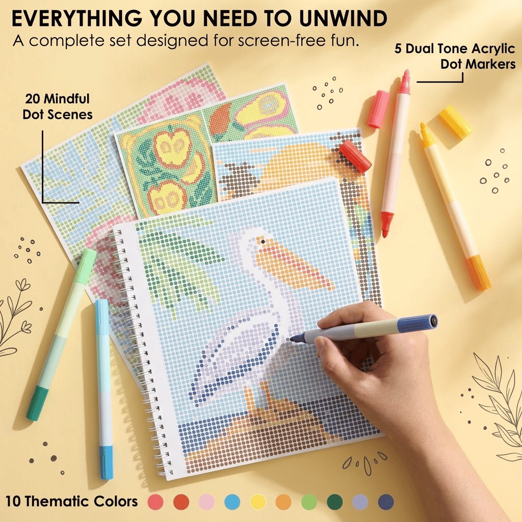 🎨📖Dot-By-Letter Mindful Coloring Kit - Stress Relief Dot Marker Art Set with 10 Vibrant Colors & 20 Hidden Scene