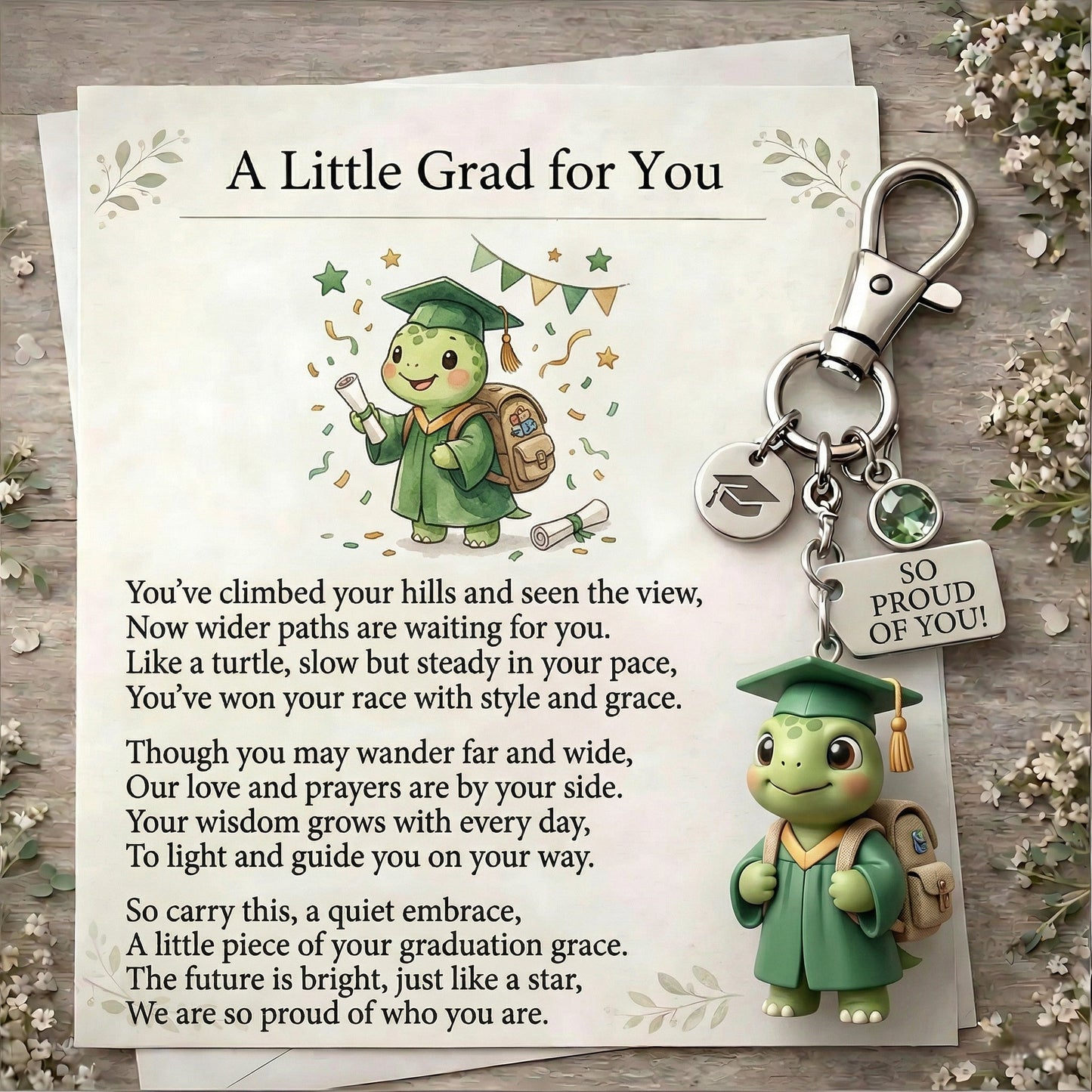 "Slow, Steady & So Proud!" 🐢 The Little Turtle Graduate Keychain & Keepsake Poem Card Set 🎓(2D Acrylic)