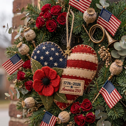 Handmade America 250 Heart Ornament – Patriotic Fabric Decor with Poppy Flower (1776–2026 Anniversary Edition)