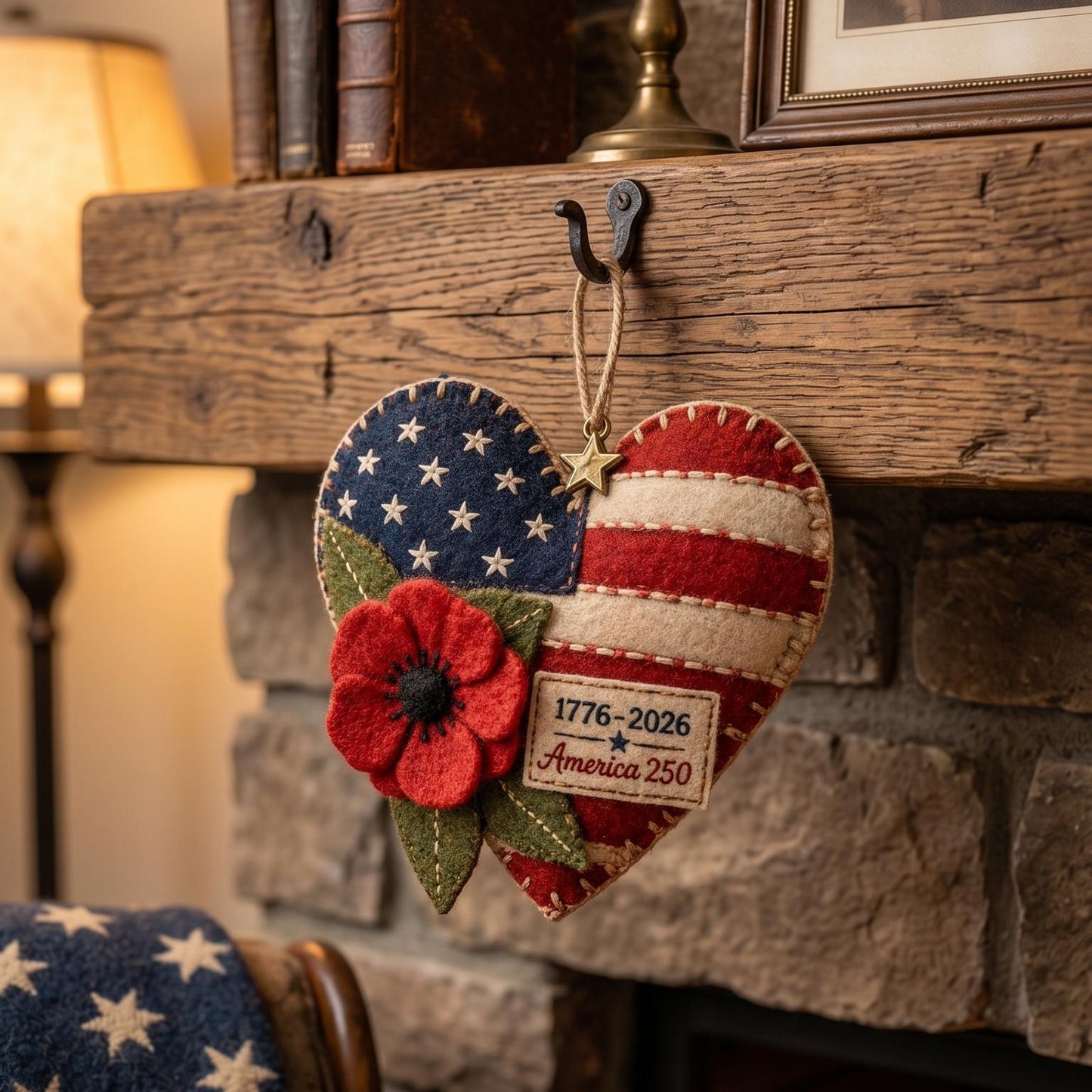 Handmade America 250 Heart Ornament – Patriotic Fabric Decor with Poppy Flower (1776–2026 Anniversary Edition)