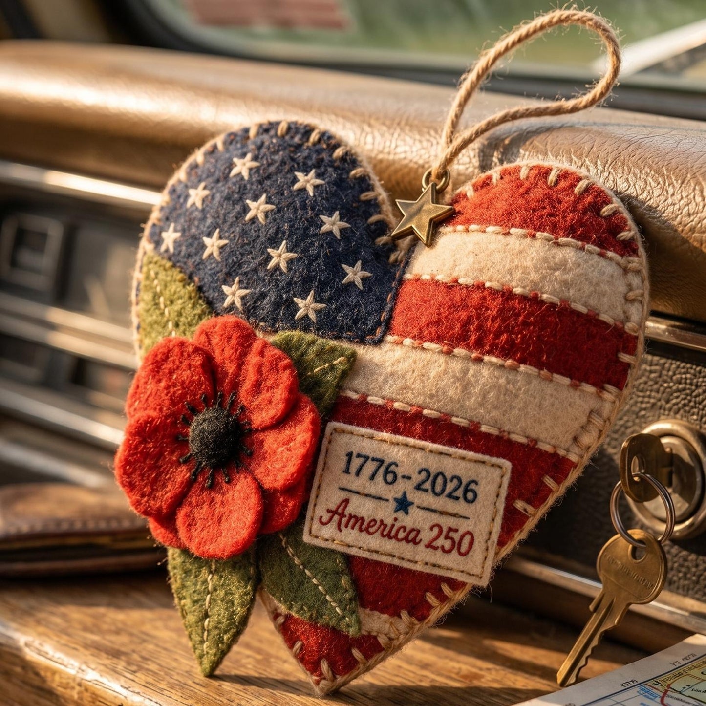 Handmade America 250 Heart Ornament – Patriotic Fabric Decor with Poppy Flower (1776–2026 Anniversary Edition)