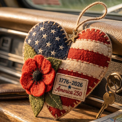 Handmade America 250 Heart Ornament – Patriotic Fabric Decor with Poppy Flower (1776–2026 Anniversary Edition)