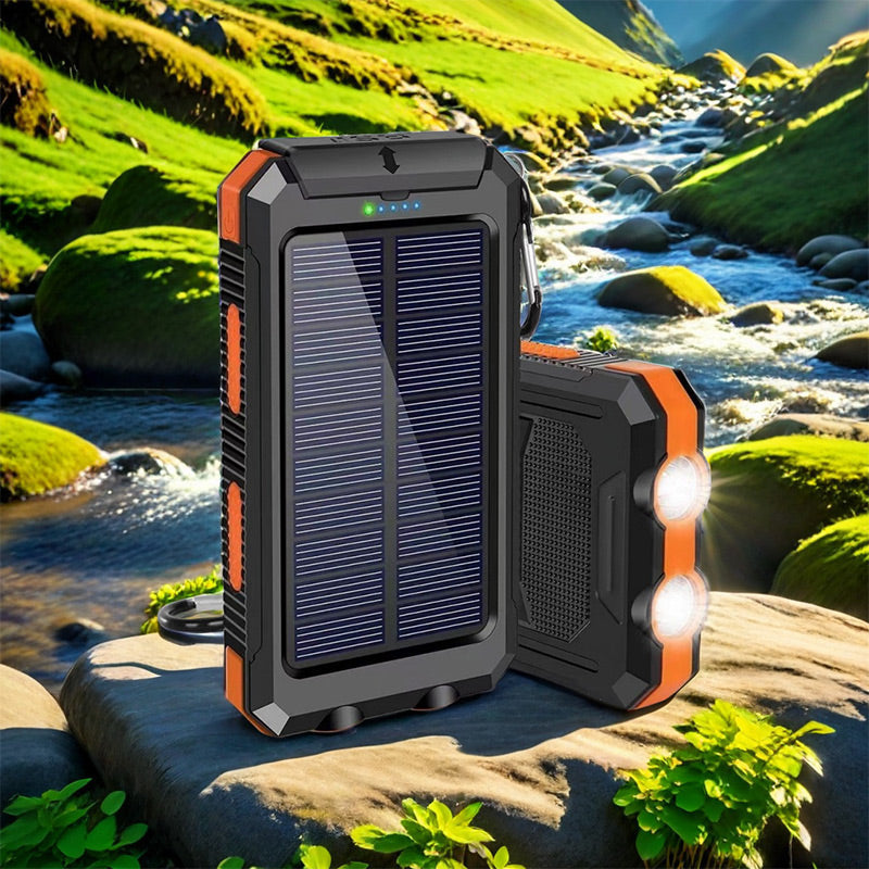 🔦 Portable Solar Power Bank – Solar Charging, Dual LED Lights, Outdoor Ready ✨