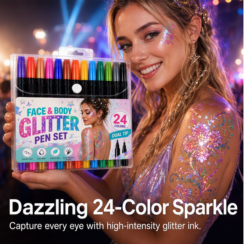 24-Color Face & Body Glitter Marker Set with Dual Tips