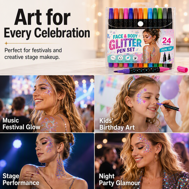 24-Color Face & Body Glitter Marker Set with Dual Tips