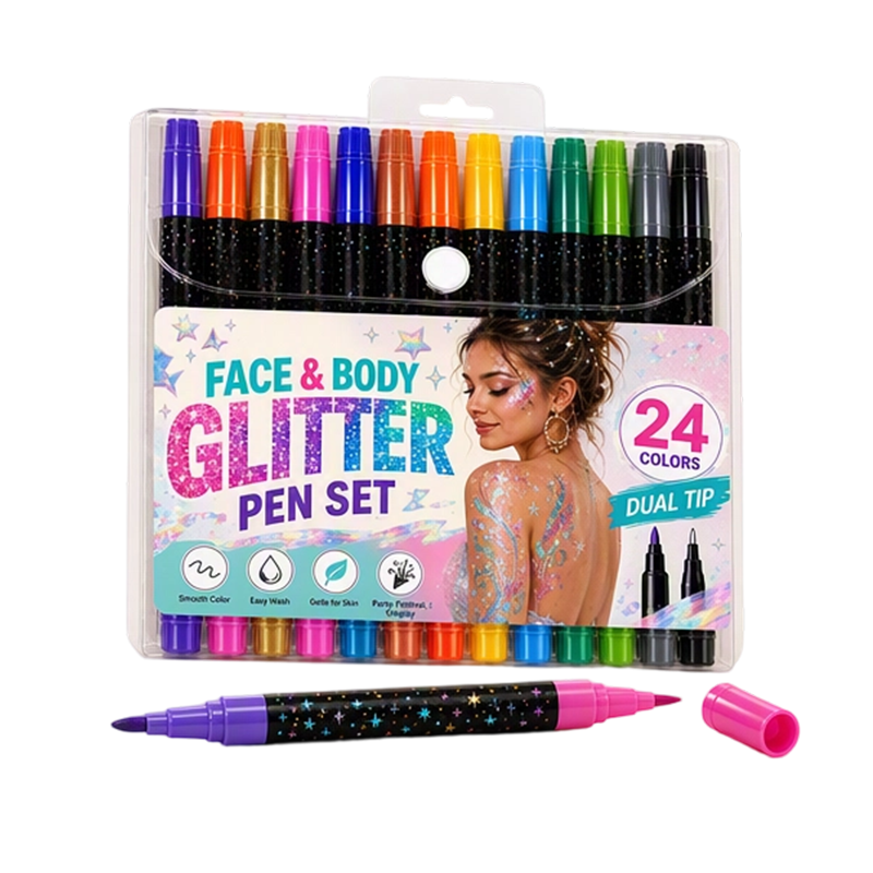 24-Color Face & Body Glitter Marker Set with Dual Tips