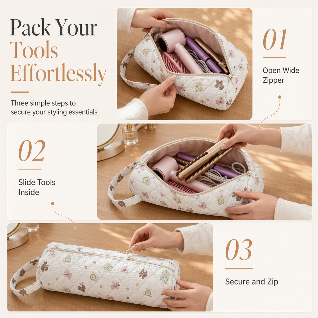 🔥Portable Quilted Travel Storage Bag with Handle for Hair Dryer Curling Iron and Hair Straightener🐆