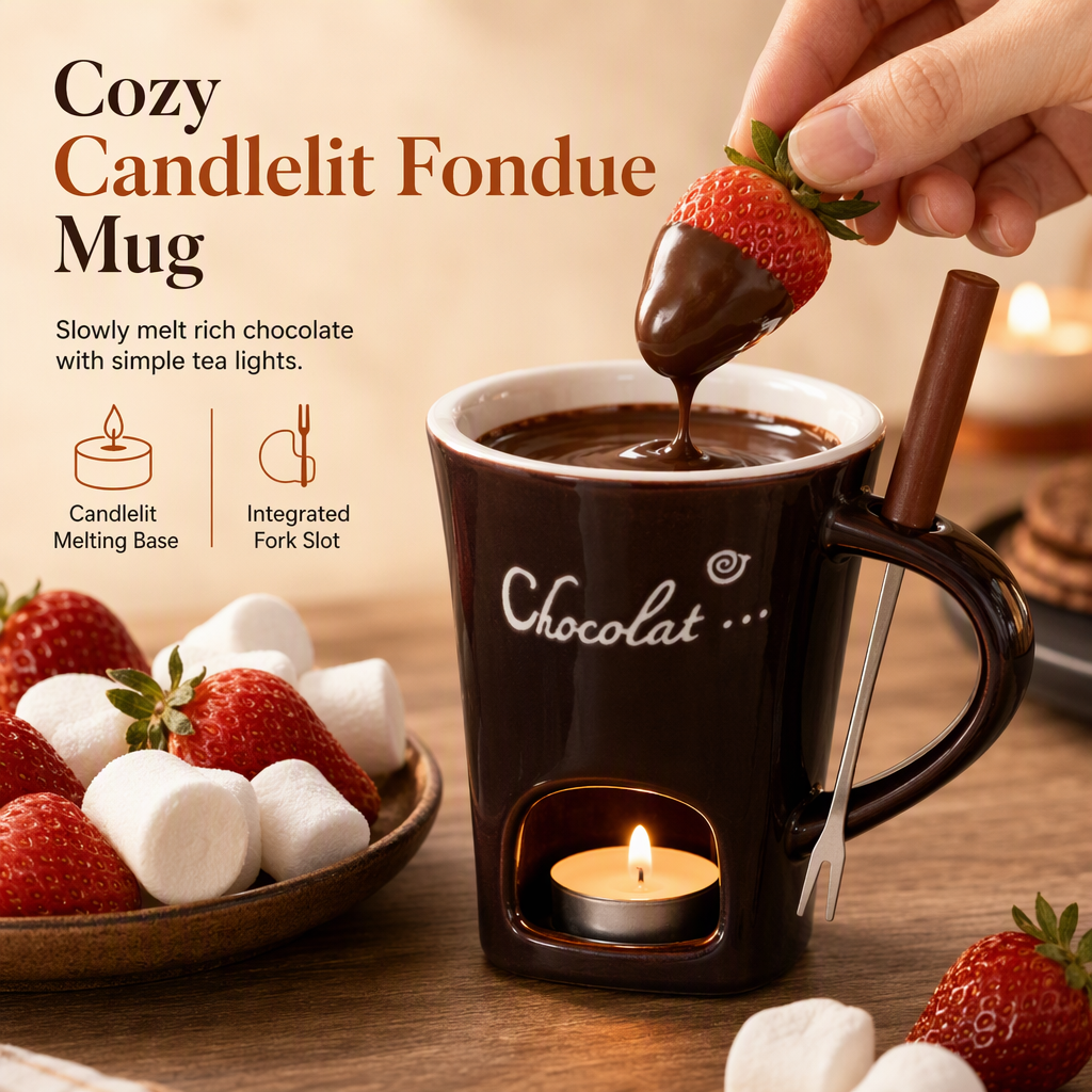 🍪Ceramic Chocolate and Cheese Fondue Melter Mug with Fork☕